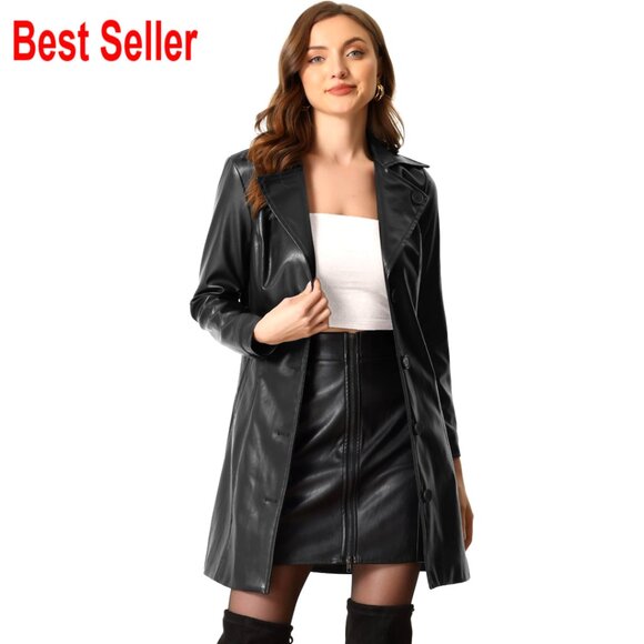 Faux Leather Trench Coat with Notched Lapel Collar and Belt